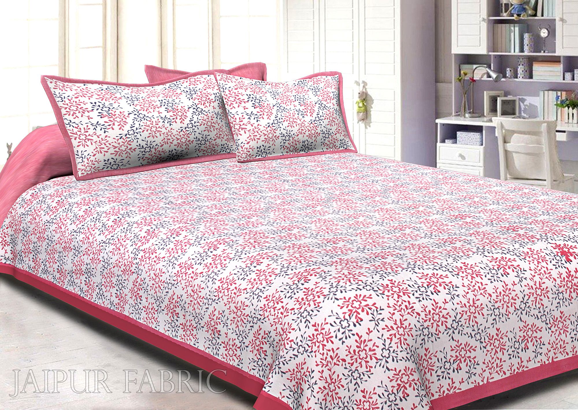 Pink Border Floral Printed Cotton Double Bed Sheet