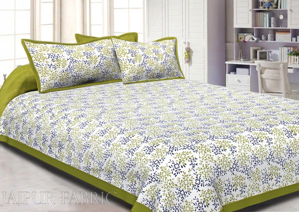 Green Border Floral Printed Cotton Double Bed Sheet