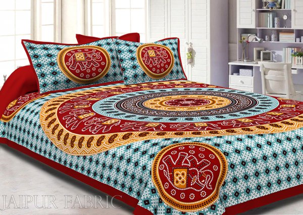 Red Border Jaipuri Rajasthani Bandhani Print Cotton Double Bed Sheet