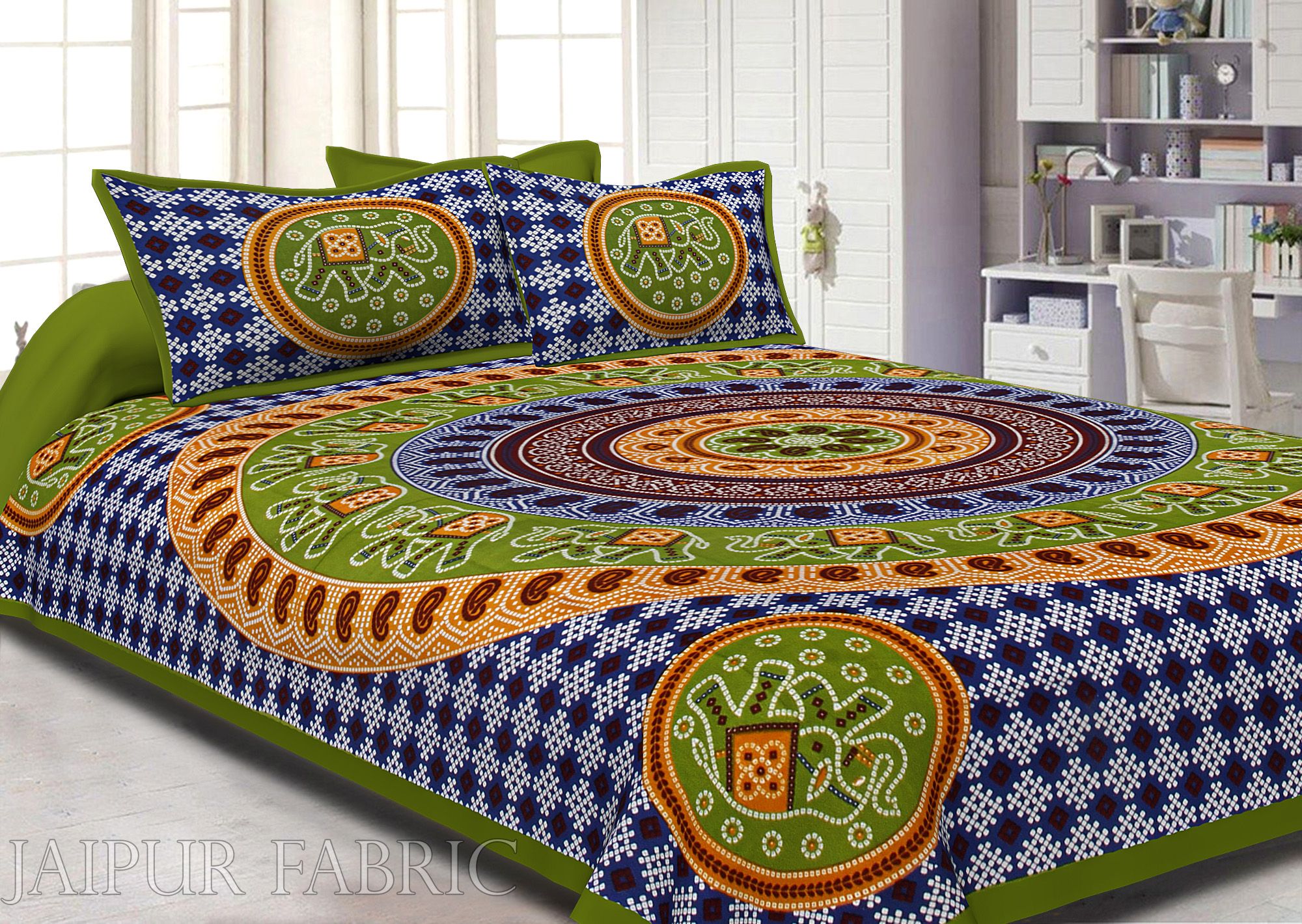 Green Border Jaipuri Rajasthani Bandhani Print Cotton Double Bed Sheet