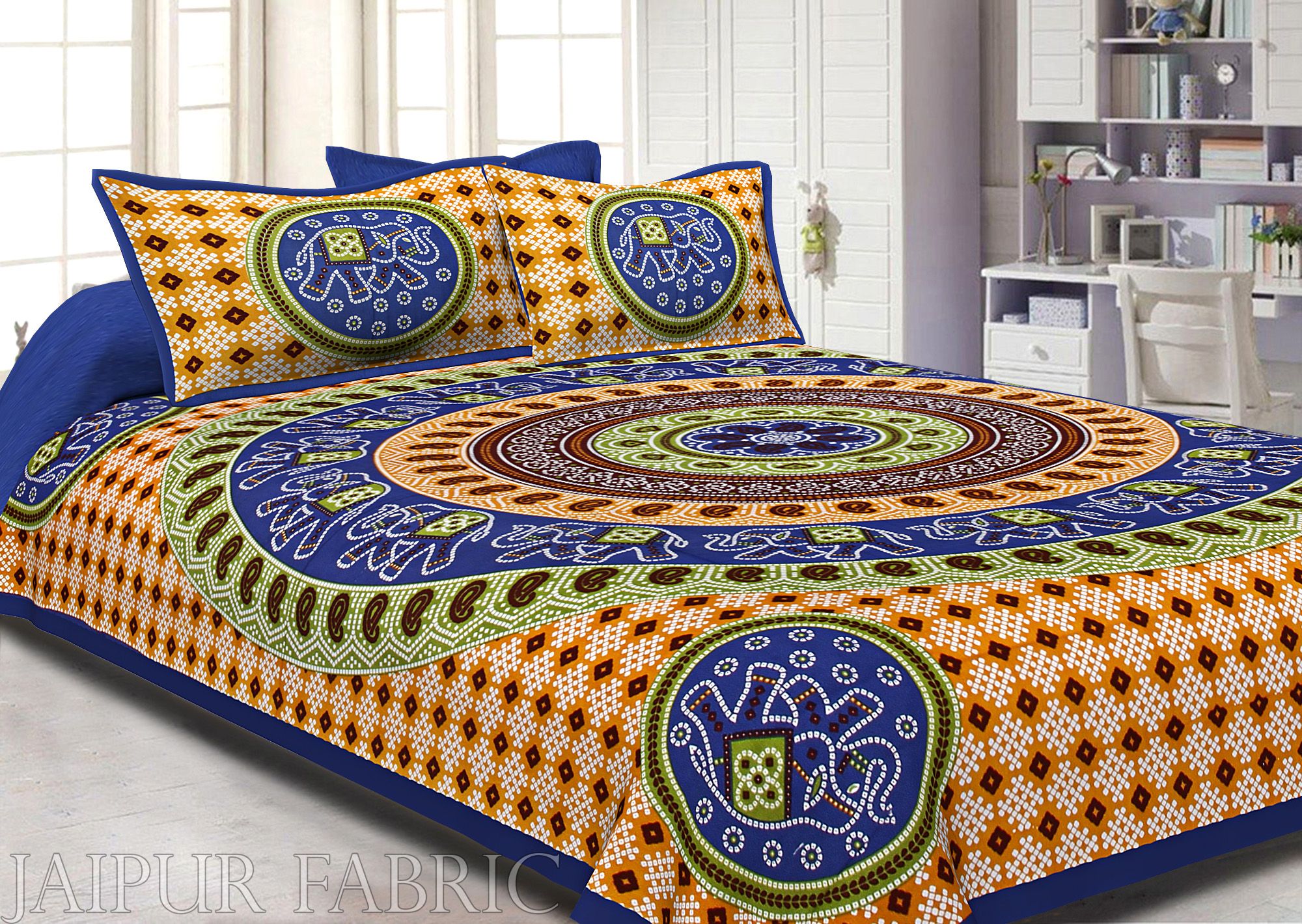 Blue Border Jaipuri Rajasthani Bandhani Print Cotton Double Bed Sheet