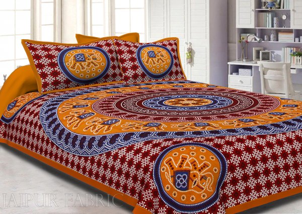 Yellow Border Jaipuri Rajasthani Bandhani Print Cotton Double Bed Sheet