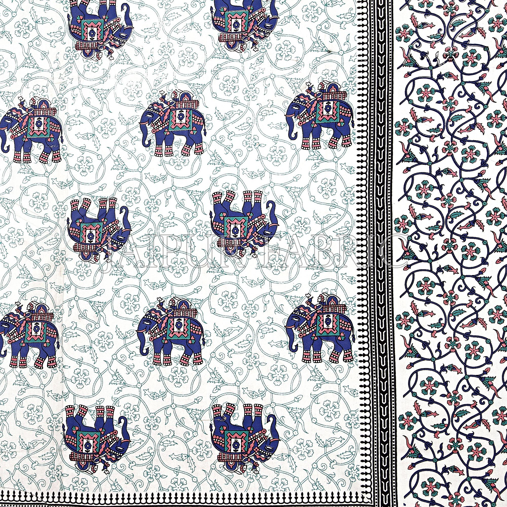 Blue Border Jaipuri Elephant Print Cotton Double Bed Sheet