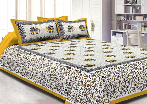 Yellow Border Jaipuri Elephant Print Cotton Double Bed Sheet