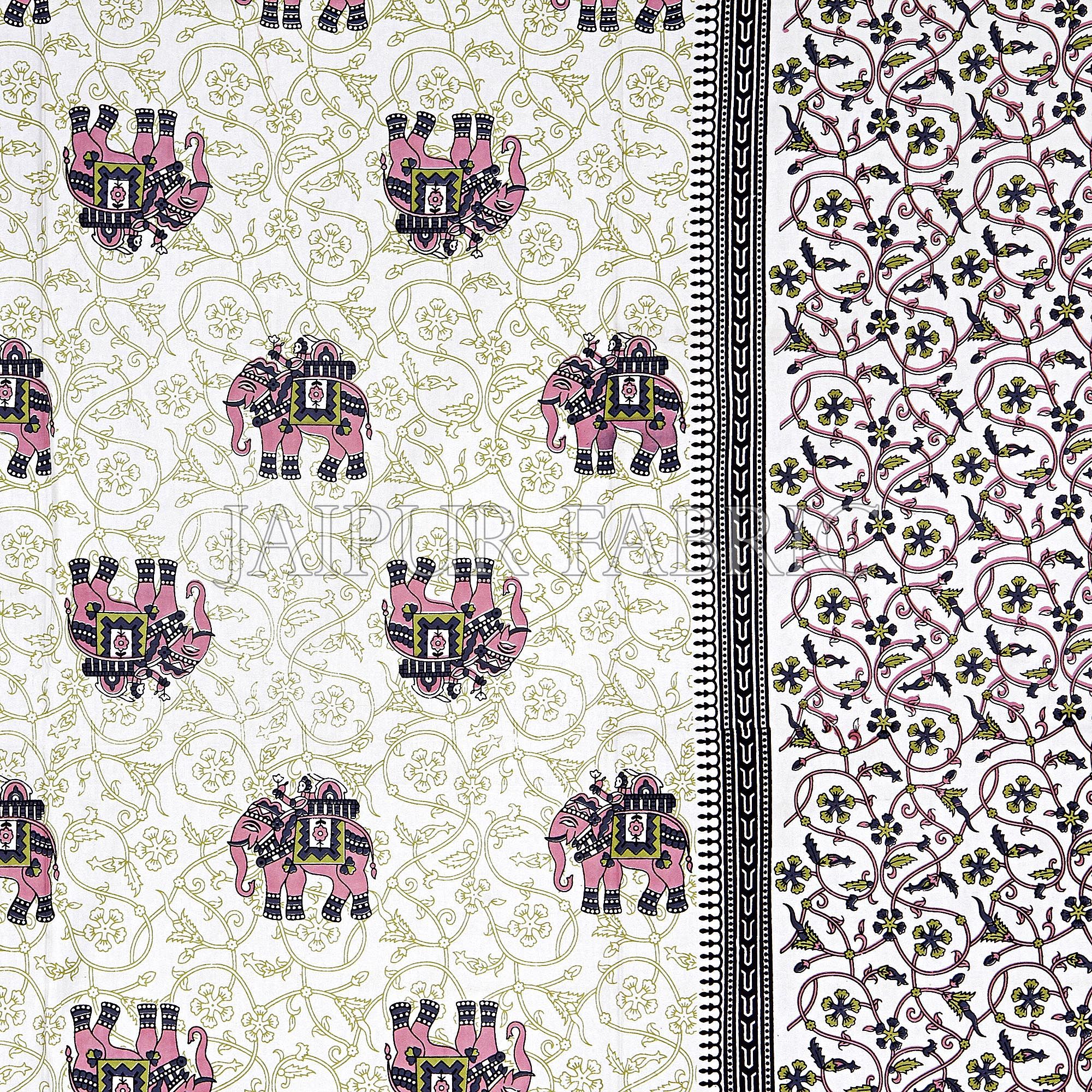 Pink Border Jaipuri Elephant Print Cotton Double Bed Sheet