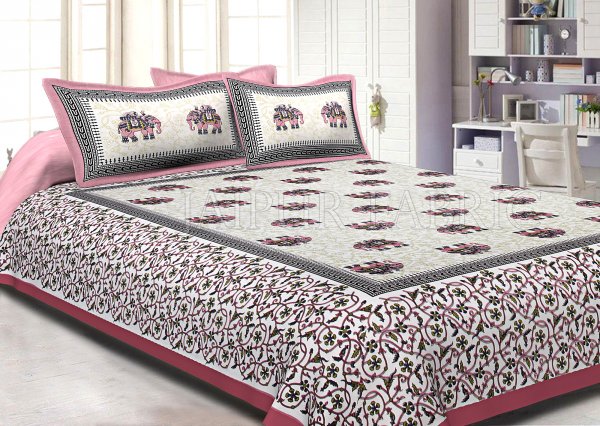 Pink Border Jaipuri Elephant Print Cotton Double Bed Sheet