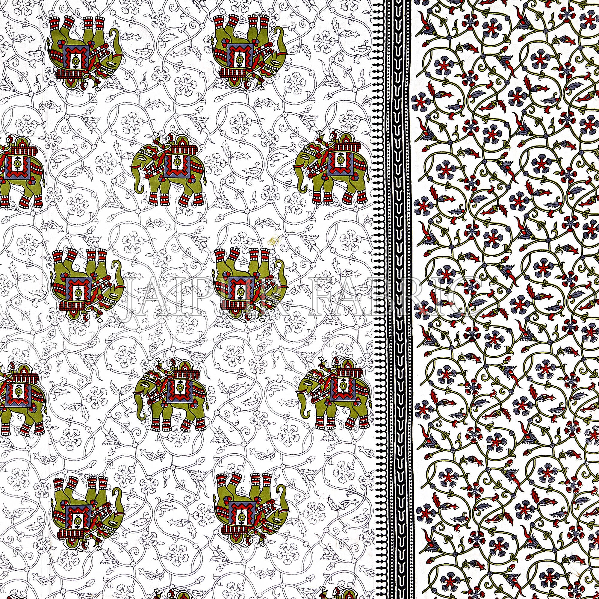 Green Border Jaipuri Elephant Print Cotton Double Bed Sheet