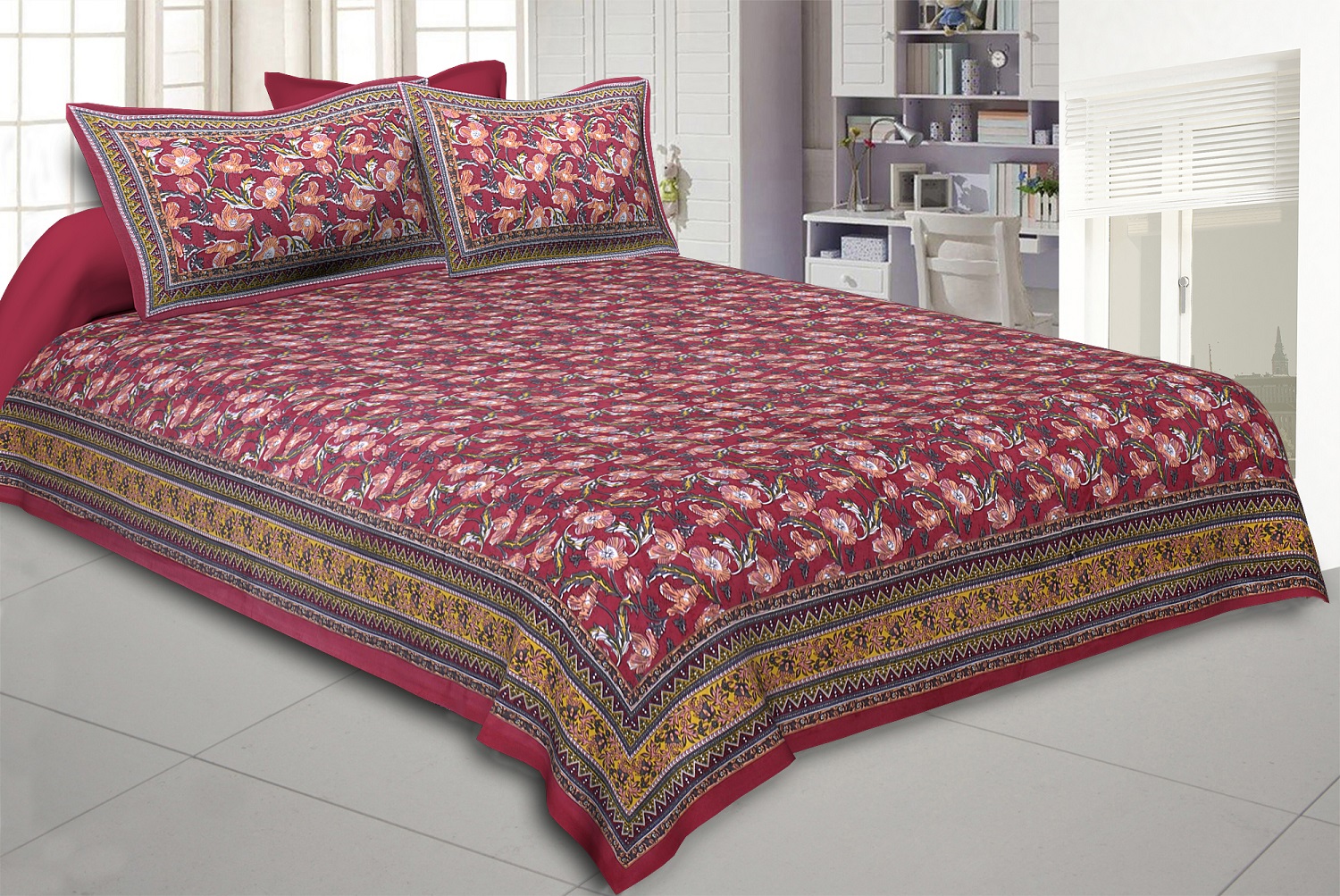 Maroon Iconic Iris Double Bedsheet