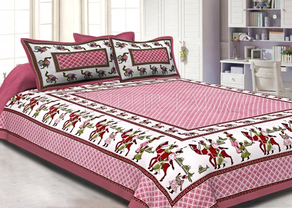 Pink Border Fat Wedding Print Cotton Double Bed Sheet