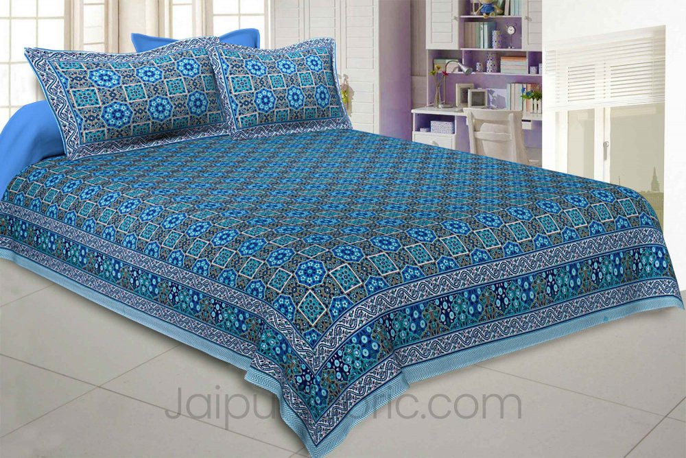 Blue Grey Sparkling Motif Double Bedsheet