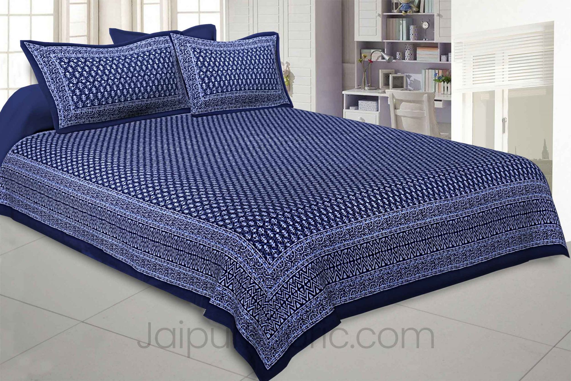 Classic Dabu Royal Blue Pure Cotton Jaipur Bedsheet