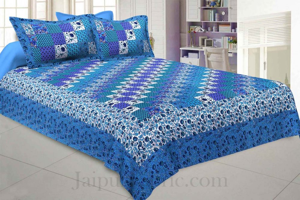 Floral Checkers Blue Double Bedsheet