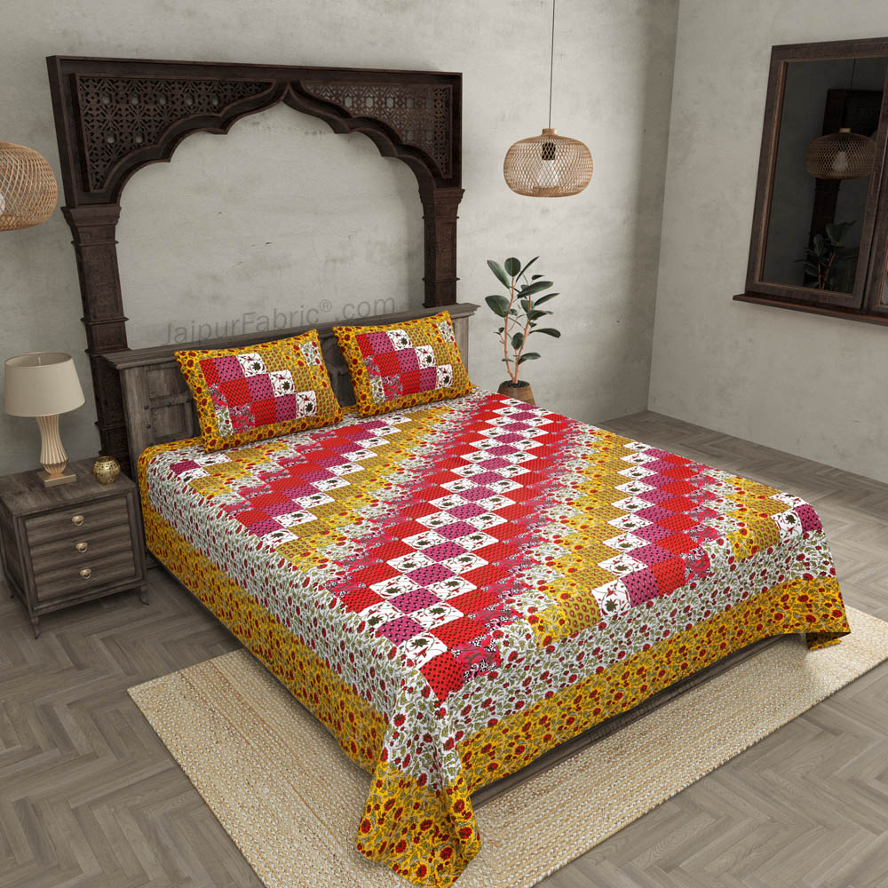 Floral Checkers Multicolour Double Bedsheet