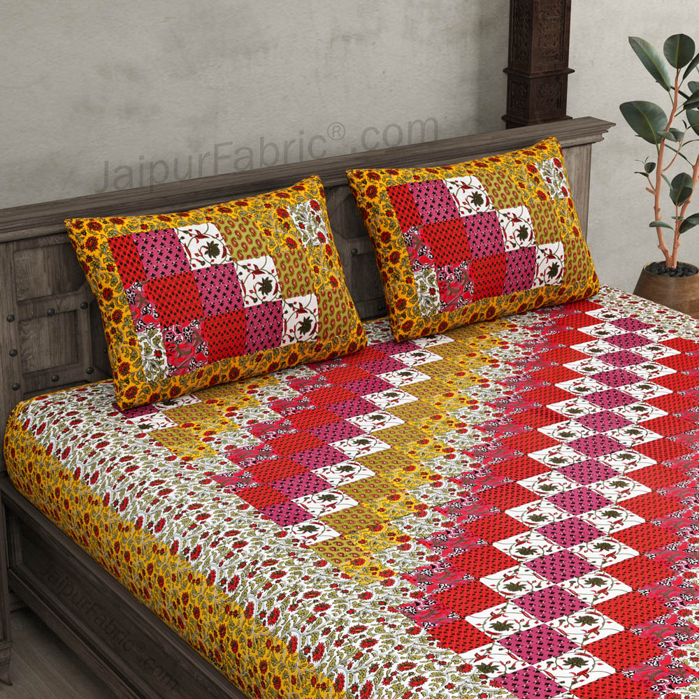 Floral Checkers Multicolour Double Bedsheet