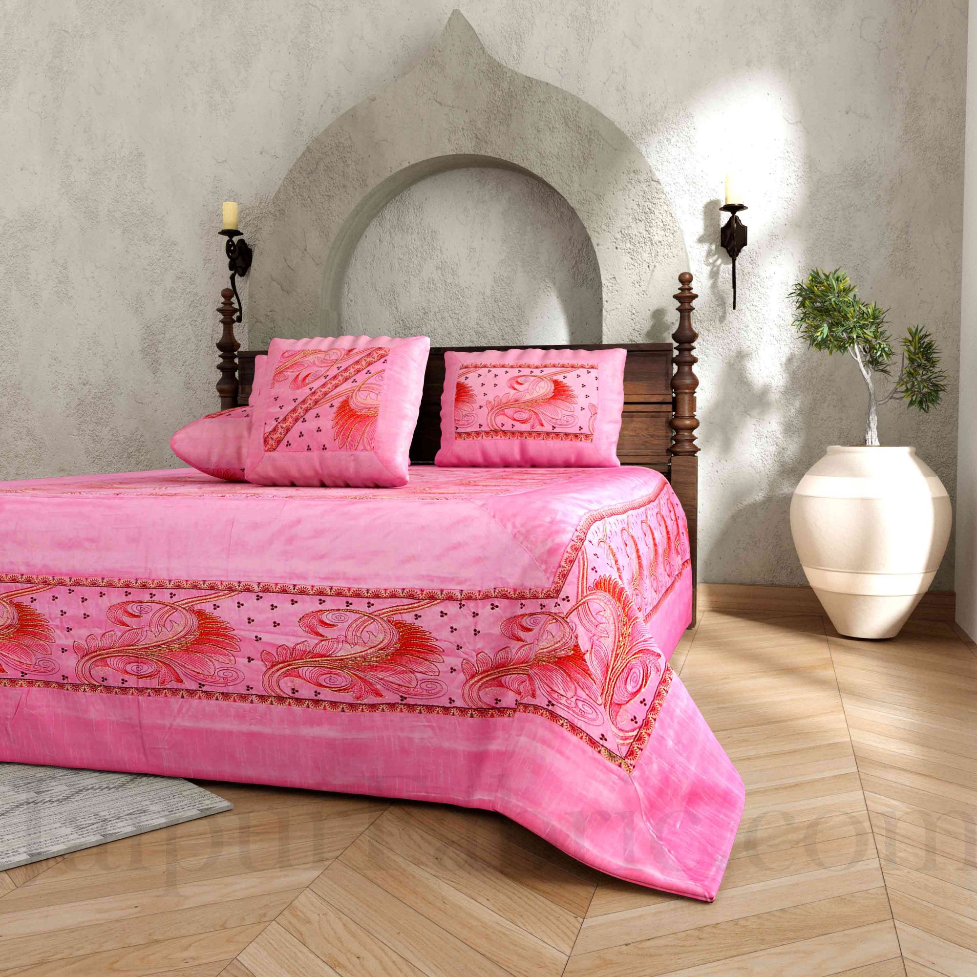 Silk Bed Sheet  Pink Color With Lace Work Superfine bed cover