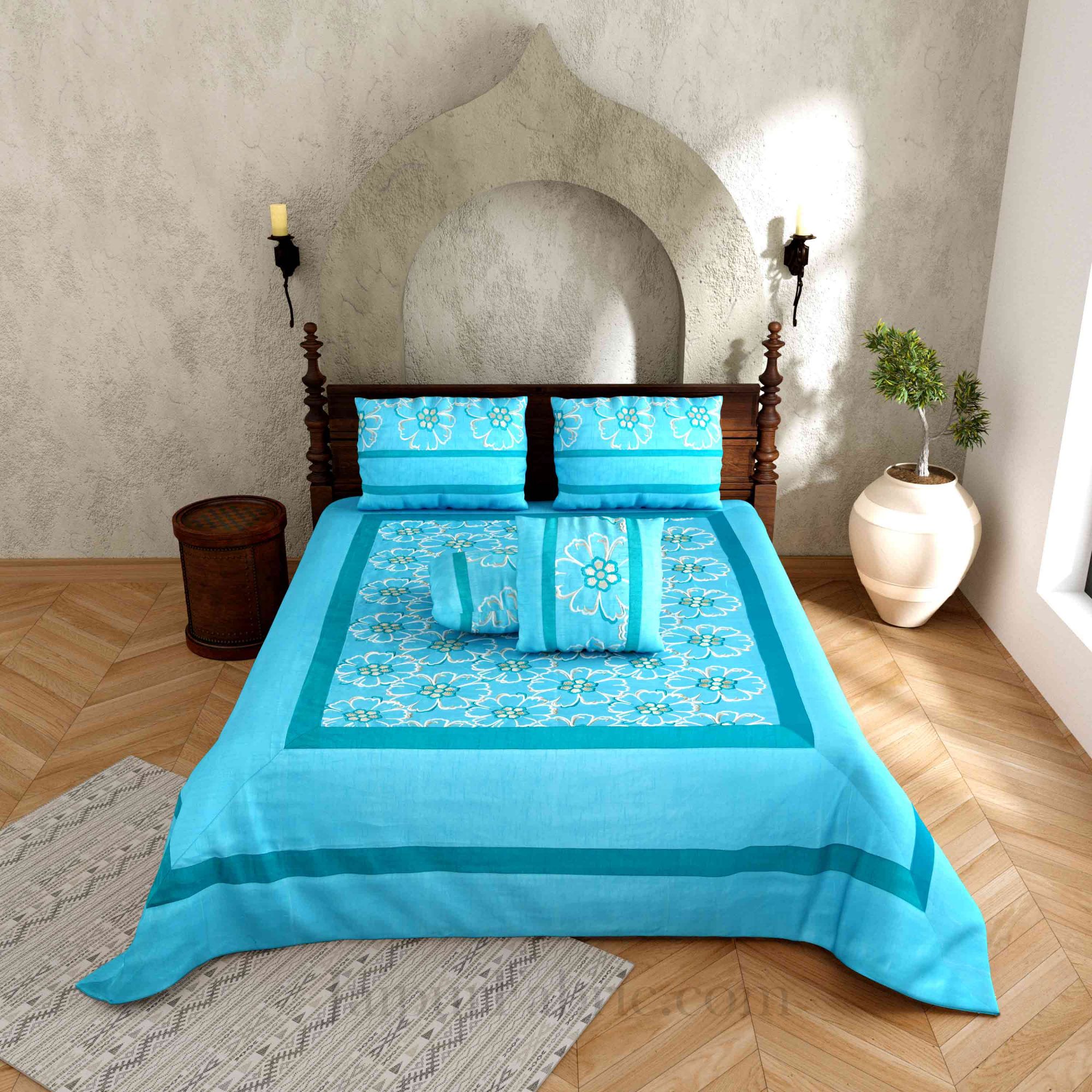 Blue Zari Luxurious Embroidered Work Floral Superfine Silk Double BedCover
