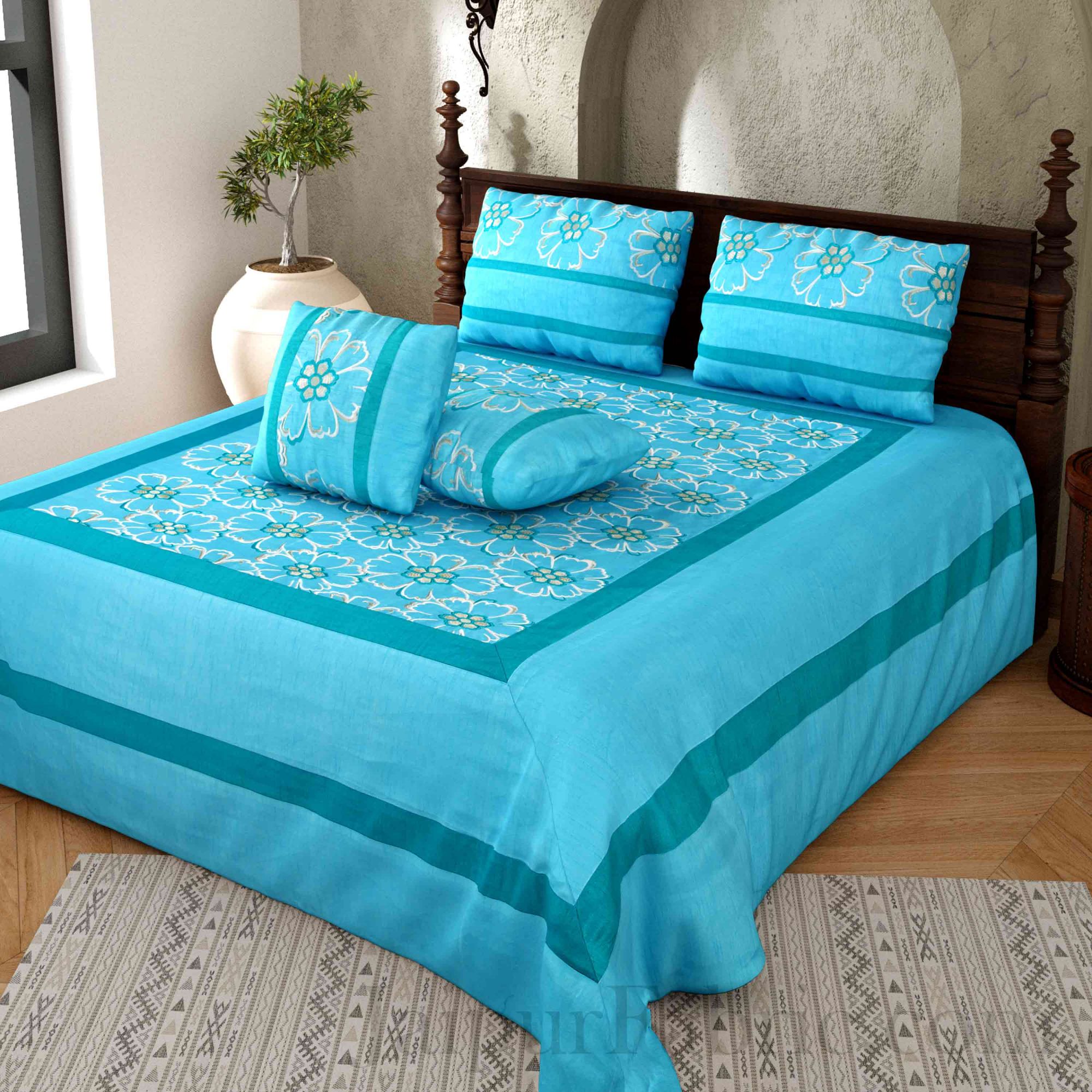 Blue Zari Luxurious Embroidered Work Floral Superfine Silk Double BedCover
