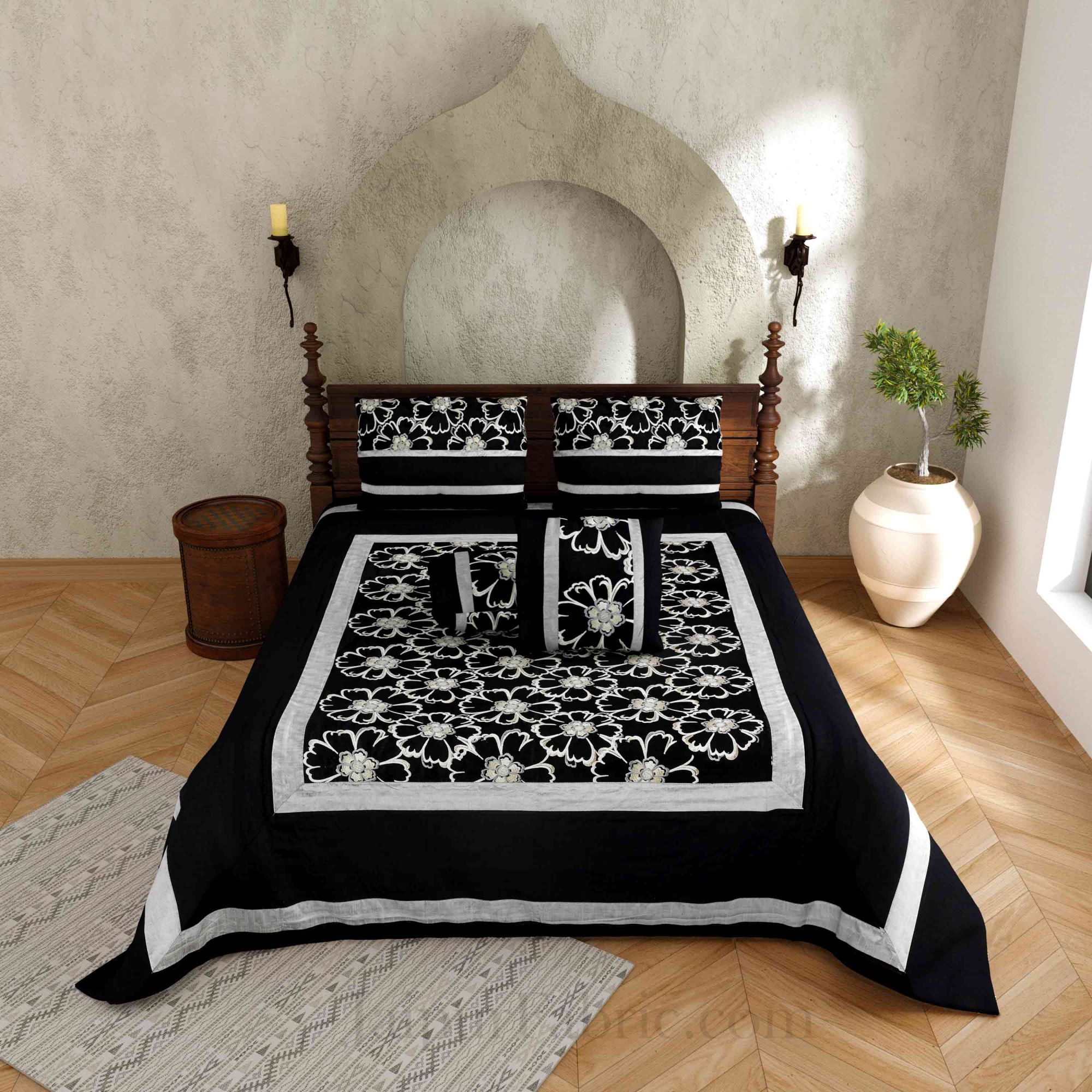 Black Zari Luxurious Embroidered Work Floral Superfine Silk Double BedCover
