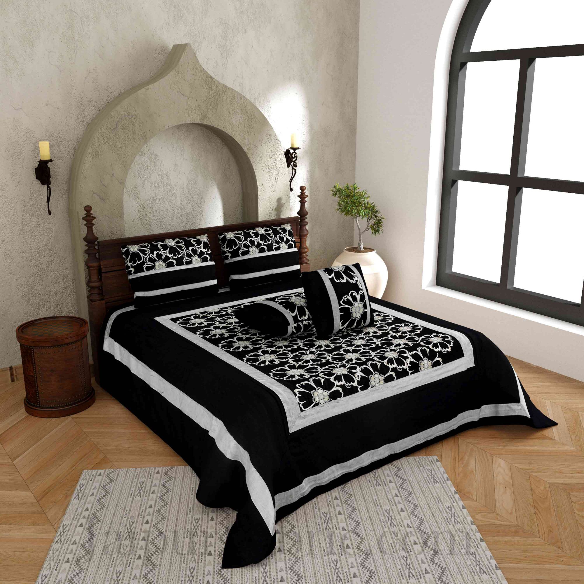 Black Zari Luxurious Embroidered Work Floral Superfine Silk Double BedCover