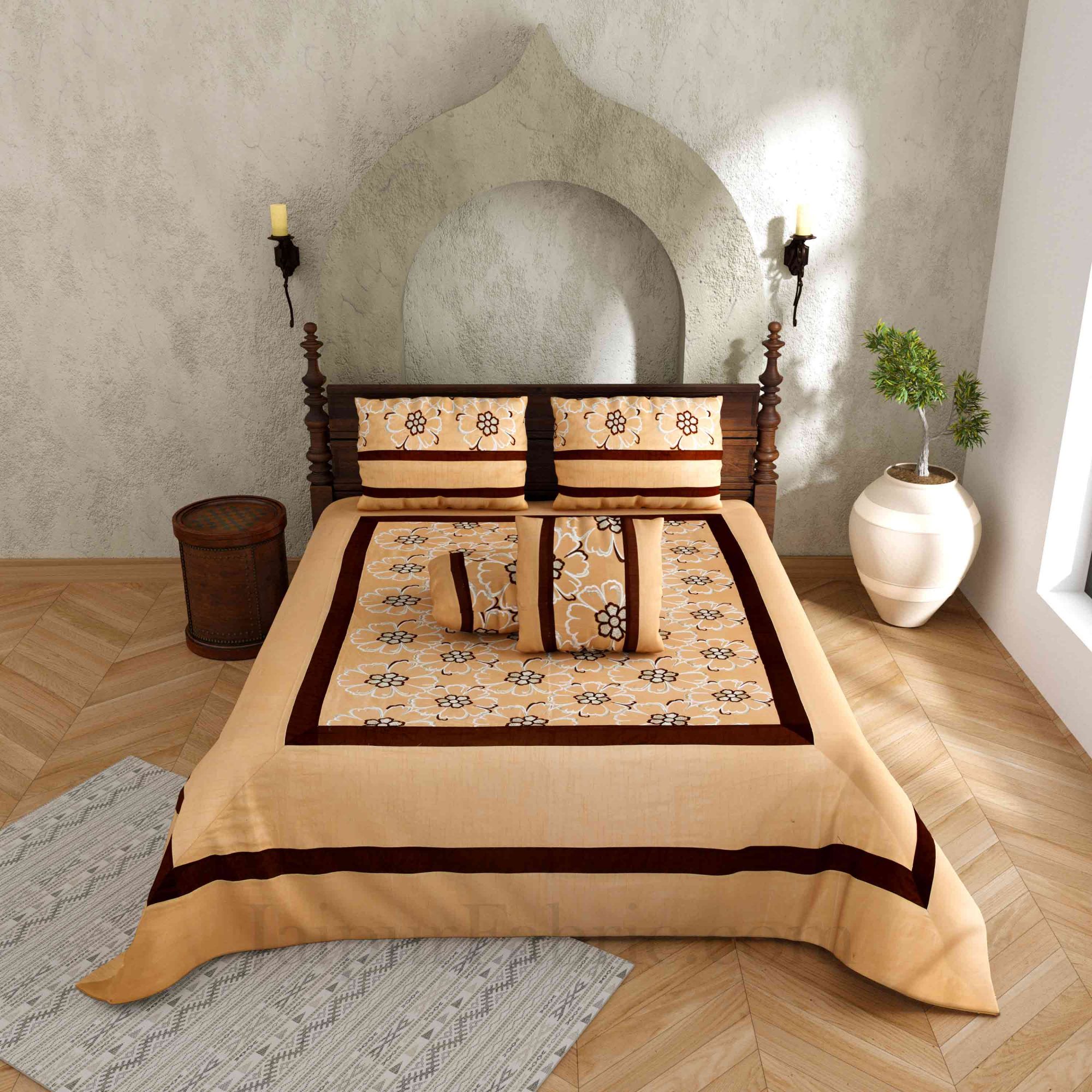 Brown Zari Luxurious Embroidered Work Floral Superfine Silk Double BedCover
