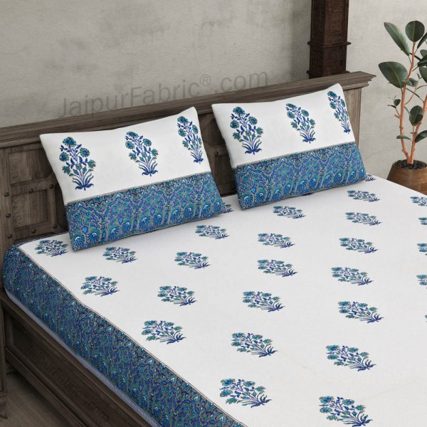 Blue Flora Bunch Hand Block Print Double Bedsheet
