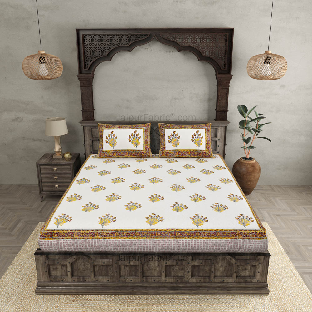 Feathers of Fortune Yellow Hand Block Print Double Bedsheet