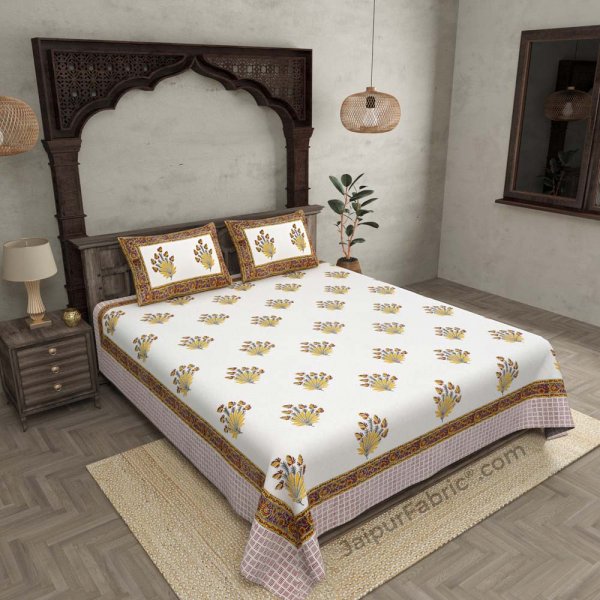 Feathers of Fortune Yellow Hand Block Print Double Bedsheet