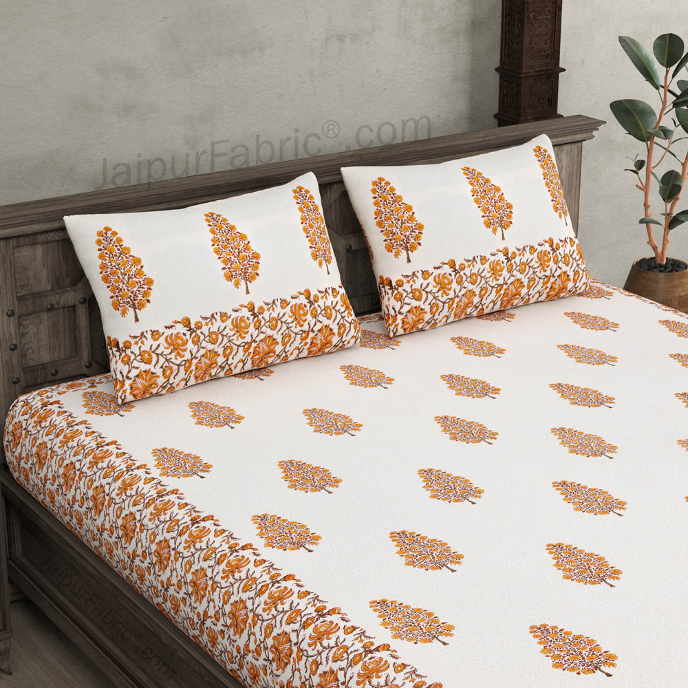 Traditional Tree Yellow Hand Block Print Double Bedsheet