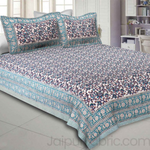 Blue Floral Festoon Hand Block Print Double Bedsheet