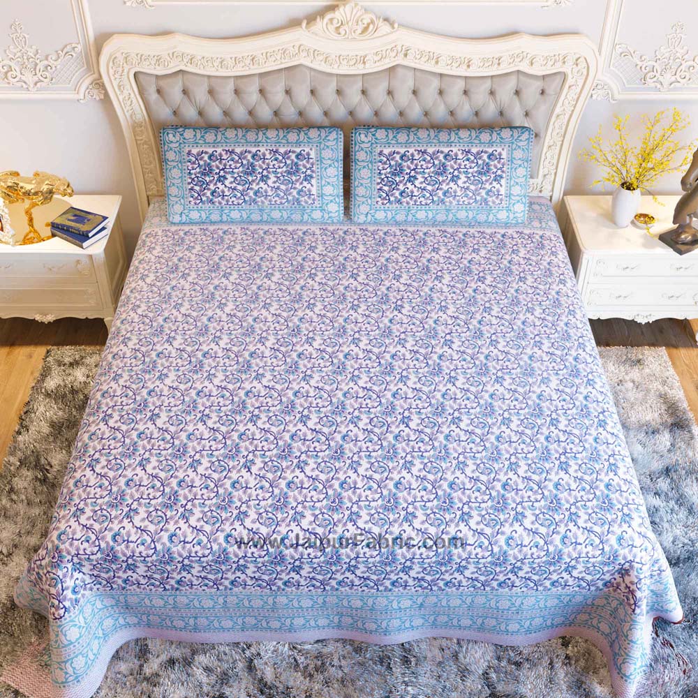 Blue Floral Festoon Hand Block Print Double Bedsheet