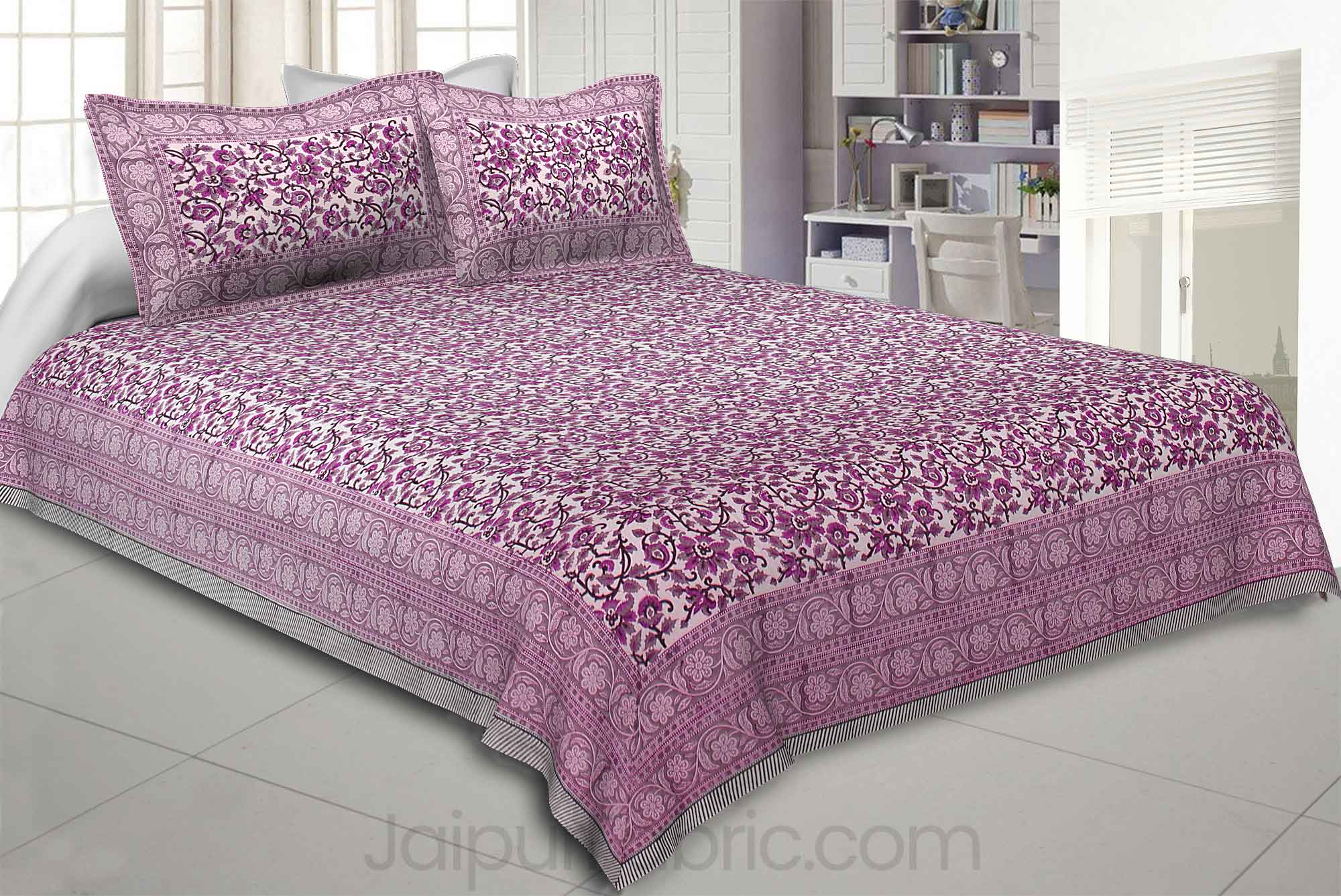 Pink Floral Festoon Hand Block Print Double Bedsheet