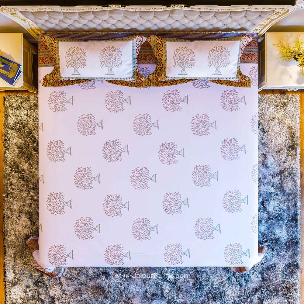 Holy Banyan Tree Pink Hand Block Print Double Bedsheet