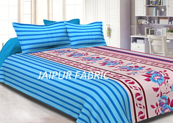 Blue Slanting Stripes with Pink Border Cotton Double Bed Sheet