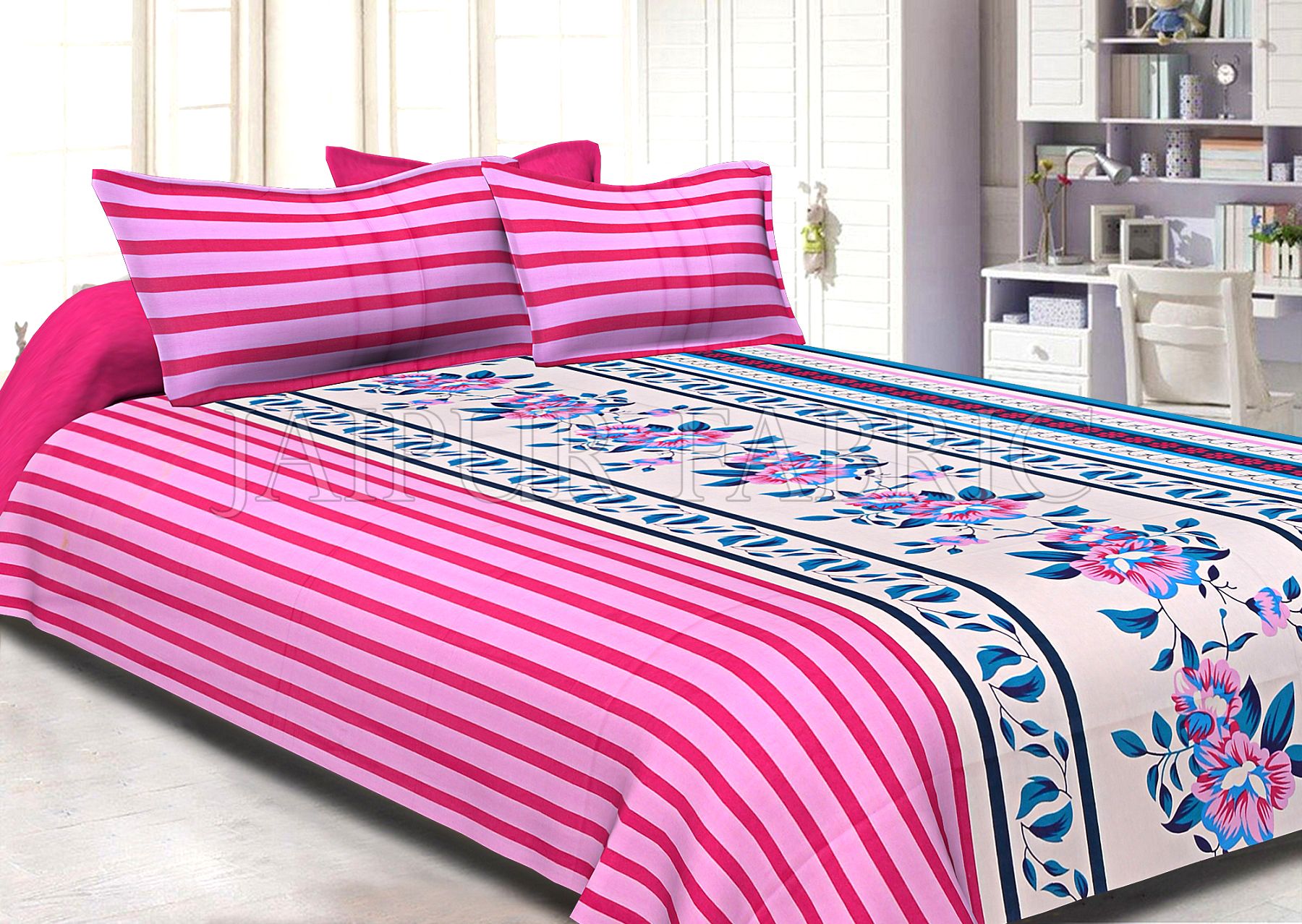 Pink Slanting Stripes with Blue Border Cotton Double Bed Sheet