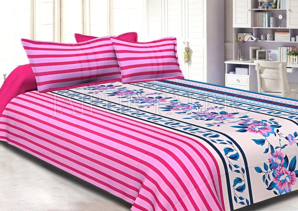 Pink Slanting Stripes with Blue Border Cotton Double Bed Sheet