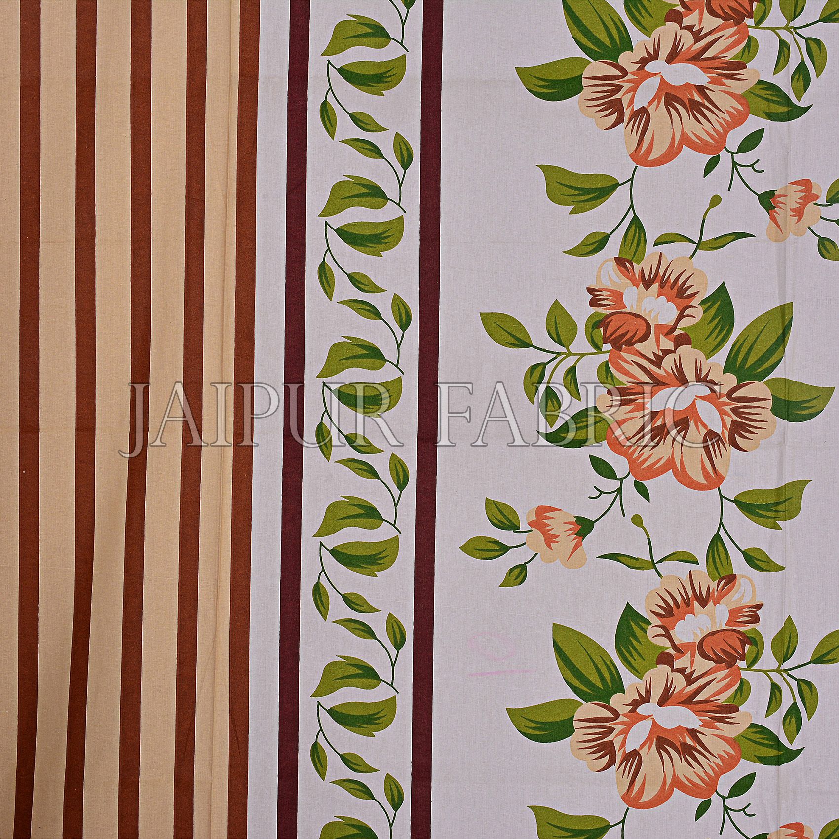 Brown Slanting Stripes with Green Border Cotton Double Bed Sheet