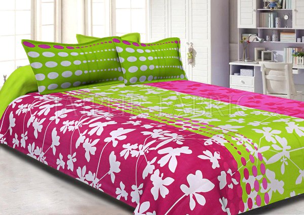 Pink and Green Printed Cotton Double Bed Sheet