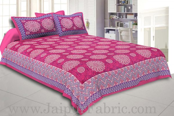 Pink Border With Zig Zag Pattern Pink Purple Base With Flowers Print Coton Double Bedsheet