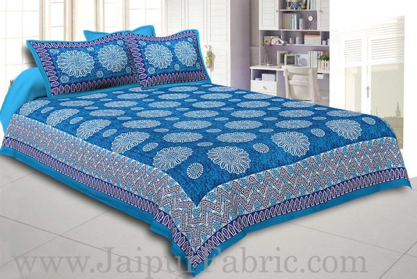 Firozi Border With Zig Zag Pattern Firozi Blue Base With White Flowers Print Coton Double Bedsheet