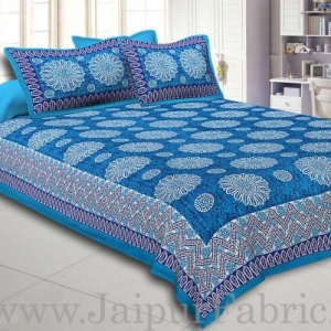 Firozi Border With Zig Zag Pattern Firozi Blue Base With White Flowers Print Coton Double Bedsheet