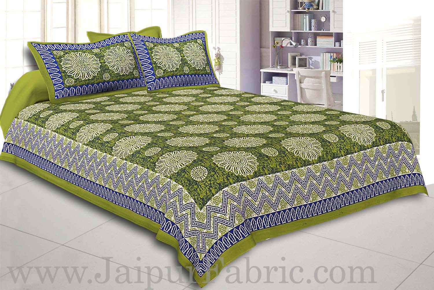 Green Border With Zig Zag Pattern Green Blue Base With White Flowers Print Coton Double Bedsheet