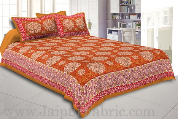 Brown Border With Zig Zag Pattern Brown Red Base With White Flowers Print Coton Double Bedsheet