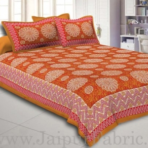 Brown Border With Zig Zag Pattern Brown Red Base With White Flowers Print Coton Double Bedsheet