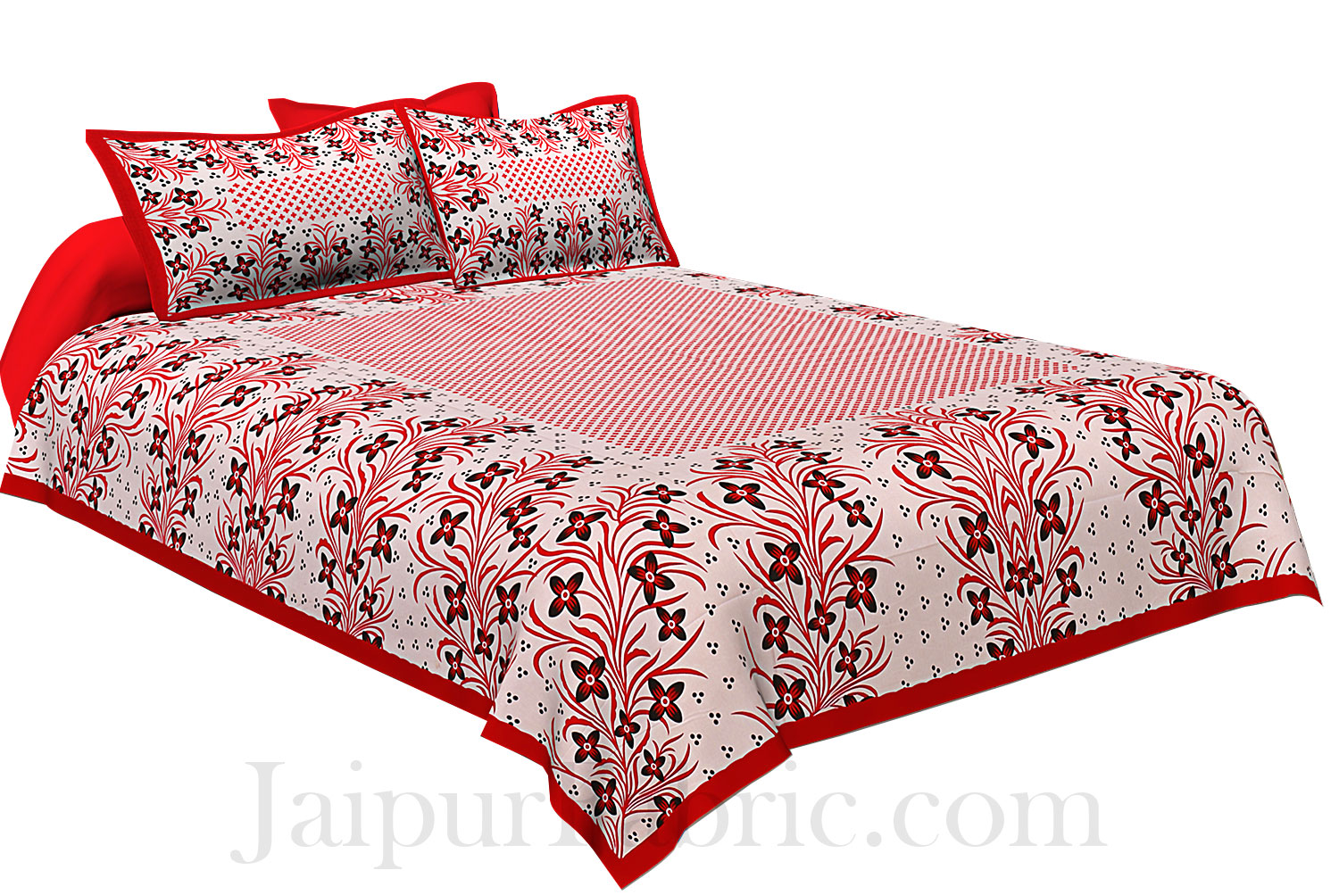 Red Border White Base Red and Black Flower and Leaf Pattern Coton Double Bedsheet