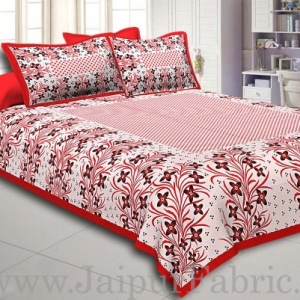 Red Border White Base Red and Black Flower and Leaf Pattern Coton Double Bedsheet