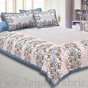 Grey Border White Base Brown and Grey Flower and Leaf Pattern Coton Double Bedsheet