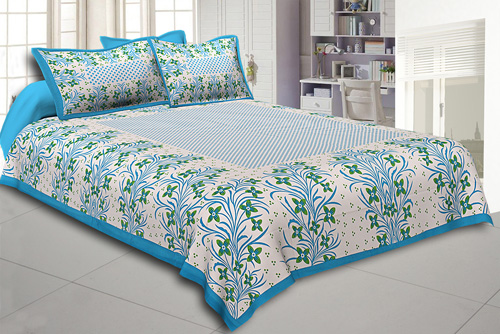 Firozi Border White Base Green Flower and Leaf Pattern Coton Double Bedsheet