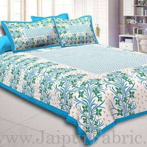 Firozi Border White Base Green Flower and Leaf Pattern Coton Double Bedsheet