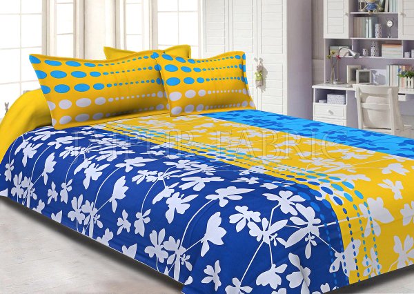 Blue and Yellow Printed Cotton Double Bed Sheet