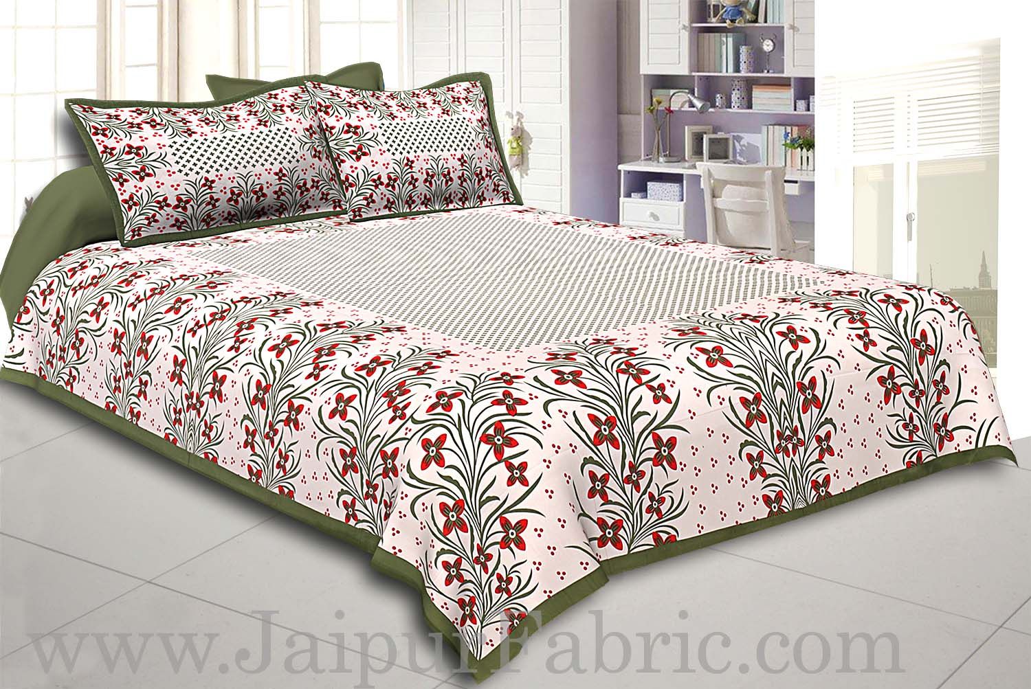 Mehndi Border White Base Red and Green Flower and Leaf Pattern Coton Double Bedsheet
